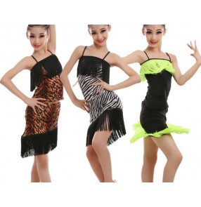 Tiger leopard printed fringes tassels strap backless girls kids children stage performance competition latin ballroom salsa dance dresses sets oufits